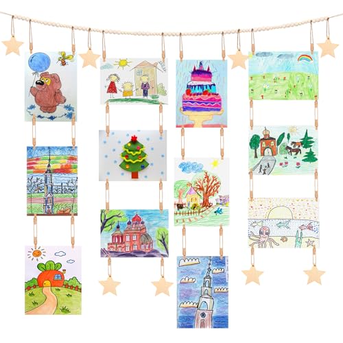 Dexspoeny Art Display for Kids Artwork on Wall with 72 Clips, 48 Twine, Boho Bedroom Living Decor Wooden Stars Beads Garland Decor for Hanging Picture