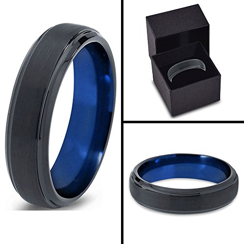 Chroma Color Collection Tungsten Carbide Wedding Band Ring 6Mm For Men Women Blue Interior With Black Exterior Step Bevel Edge Brushed Polished Comfort Fit Anniversary Size 10.5 #TOP6