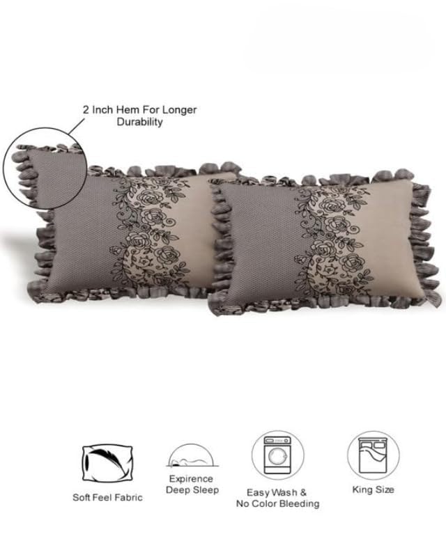 Image of VOMZER King Size (72x78) 300 TC Soft Cotton Feel Microfiber All Around Elastic Fitted Double Bedsheet with 2 Frill Pillow Covers | Coffee