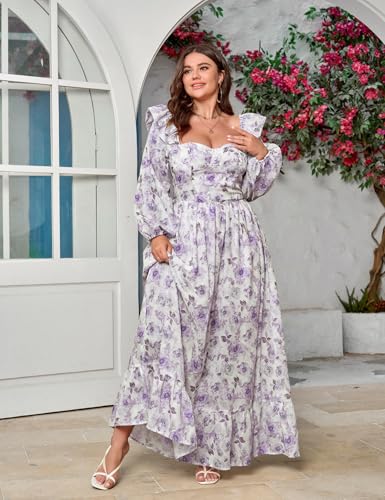 Image of EYWOL Women's Floral Puff Long Sleeve Maxi Dress Sexy Sweetheart Corset Boho Chiffon Flowy Smocked Long Dresses