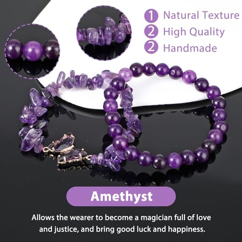 2Pcs Amethyst Beaded Bracelets for Women Stretch Purple Crystal Bead Friendship Bracelet with Butterfly Charms Stretchy Layered Bracelets Jewelry Gifts for Women Best Friend3