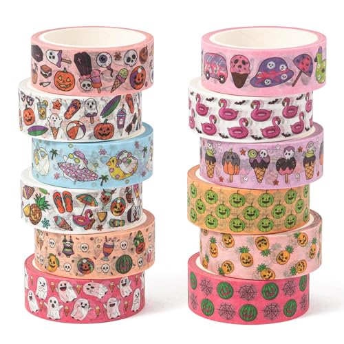 BHronony Summer Washi Tape Set - 12 Rolls Summer Halloween Decorative Tape for Bible Study Journal Gothic Ice Cream Ghost Pumpkin Wrapping Paper DIY Art Crafts for Scrapbook School Supplies