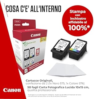 Canon Multipack Cartuccia & Carta - 2 Cartucce per Stampante Originali PG-575/CL-576 (1 x Nero, 1 x Colori) & 4x6 Carta Fotografica (50 x Fogli)