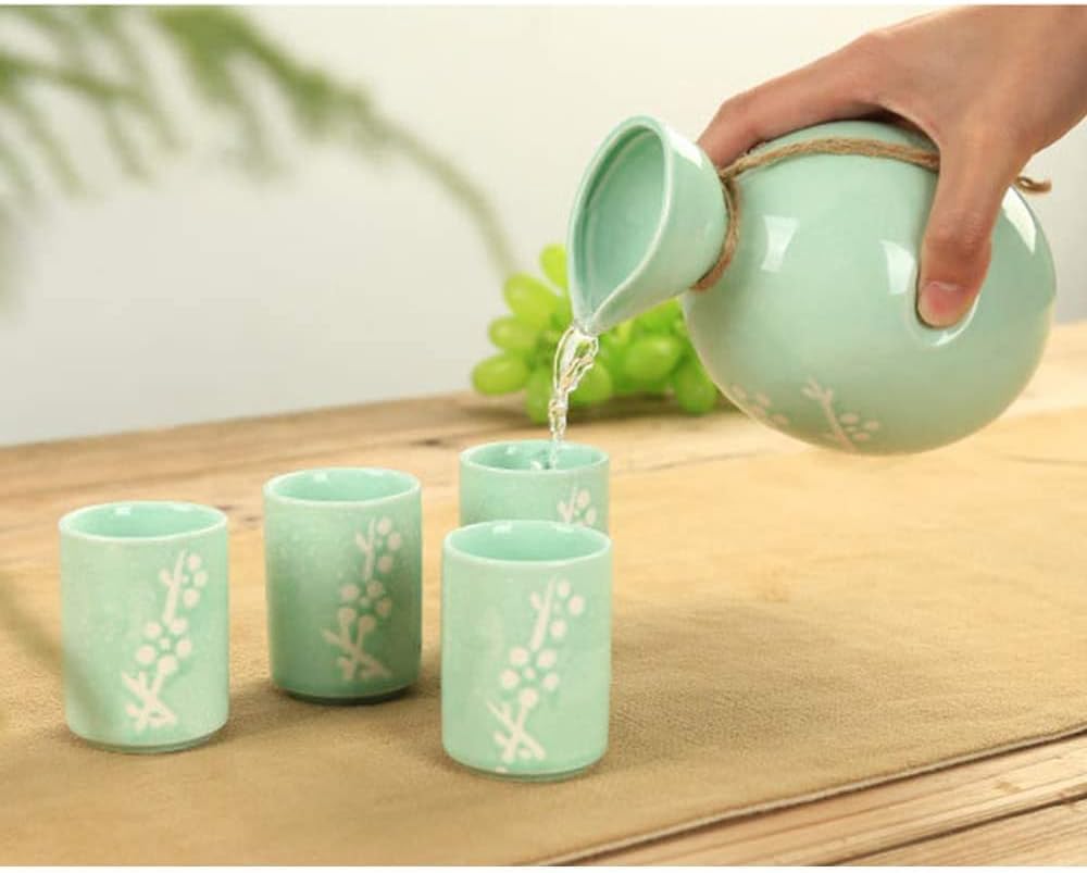 日本酒セット 陶器 日本酒カップセット 冷酒/温酒/焼酎/お茶用 家族や友人へのギフトに最適 シアン 5点セット 【河井】 白釉テ