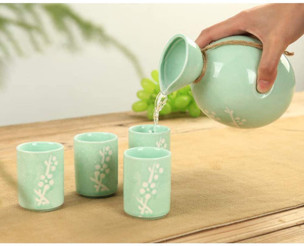 Sake Set Juego de Sake Juego de 5 Piezas de Sake, Tazas de cerámica con Textura de Esmalte Blanco, para té frío/cálido/Shochu/té, Familiares y Amigos, Cian 1111