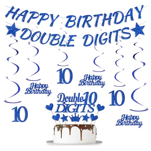 10th Birthday Decorations Boys Banner - 9 Pcs Blue Banners Swirls Cake Topper Happy Birthday Double Digits Party Supplies for 10 Year Old Bday Party Cheers To Ten Party Sign Decor