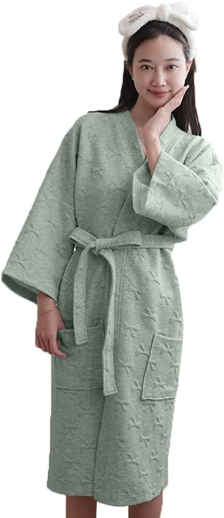スパ バスローブ 女性用 着物ローブ ジャカード コットン 軽量 ソフト 寝巻き Vネック レディース ラウンジウェア (グリーン