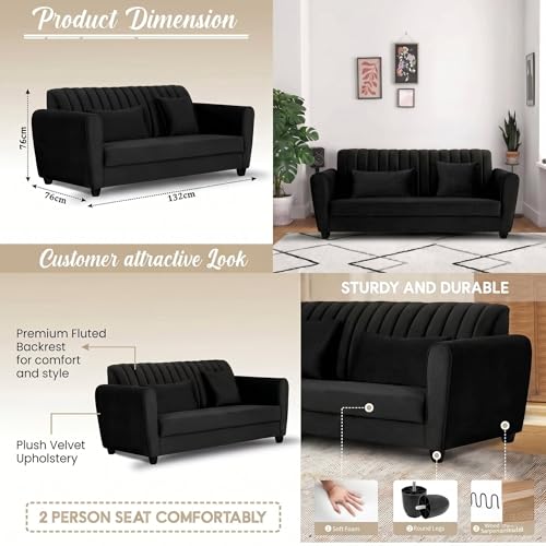 Image of Velvet 2 Seater Sofa, Chesterfield Tufted Sofa with Nailhead Trim, Rolled Arm Sofa with Wood Legs for Living Room & Office (Black)