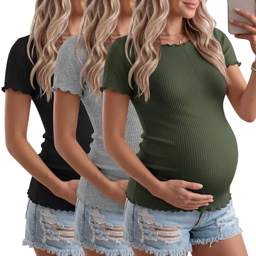 Sweetyweee 3 Pack Women's Maternity Ribbed Shirts, 3-Color, Medium
