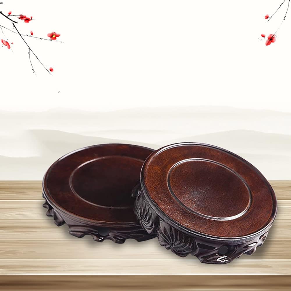 GOLDY&WENDY Wooden Rosewood Carved Base Round Vase Plant Buddha Statue Stone Ornament Stand Craft Collectibles Pedestal