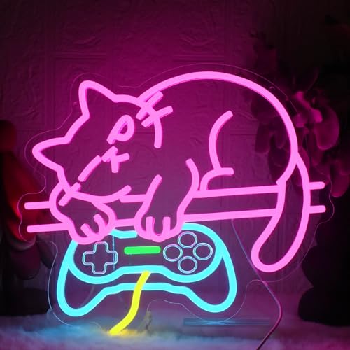 Image of Game Cat Neon Sign, Gamer Neon Signs for Wall Decor, Pink Cat Gamepad Shape LED Light Sign Dimmable Light Up Signs for Game Room Bedroom Cat Lovers and Gamers