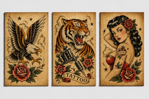 ICE ARMOR Large Traditional Tattoo Flash Wall Art Eagle Tiger Pin Up Girl Retro Canvas Print for Tattoo Studio Barbershop Decor 16x24 Inch Frameless Canvas Print - Ready to hang