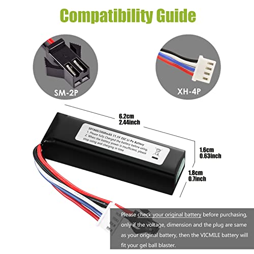 Vicmile 11.1V Airsoft Battery 2000Mah 35C High Discharge Rate Rechargeable Lipo Battery With Sm-2P Plug With Usb Charger Compatible With Airsoft Gel Water Bead Blaster 2Pack #TOP2