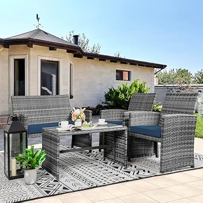Shintenchi 4 Piece Patio Ratten Set Outdoor Furniture Set Wicker Conversation Set with Cushions and Tempered Glass Tabletop,Deep Blue