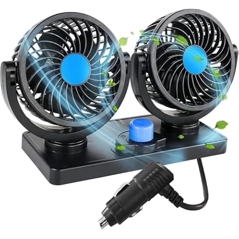 KINOWJI Car Cooling Air Fan, Electric Dual Head Cooling Air Circulator 360 Degree Rotatable Auto Fan for Sedan SUV/RV/Boat/Truck/Auto Vehicles (12V) Cover