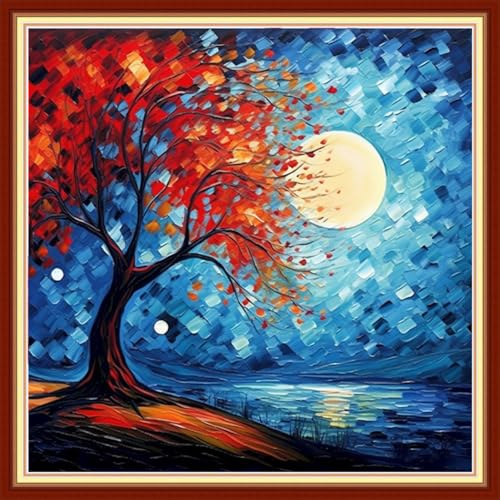 Image of Foxdiviy Stamped Cross Stitch Kits for Beginners Full Range of Cross Stitching 11 CT Printed Cross Stitch Kits for Adults Cross Stitch Patterns Needlepoint Kits-Colorful Trees Moon 18x18 inch