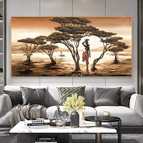 Femme Africaine peintures mur coucher de soleil toile paysage 50x100cm