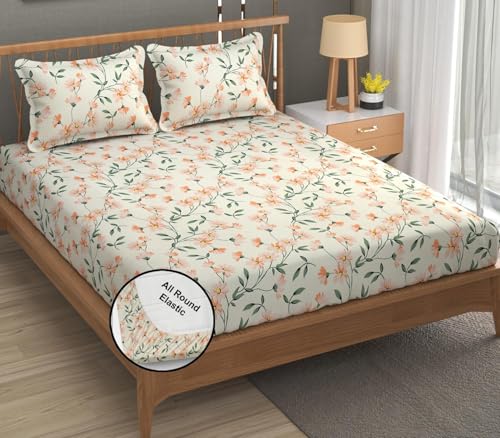 DECOMIZER 300 TC Cotton Feel Glace Cotton Elastic Fitted Printed King Size Double Bed Bedsheet with 2 Pillow Coverm Fits Upto 8 inches Mattress,Size- 72x78x10 Inches,Cream Color