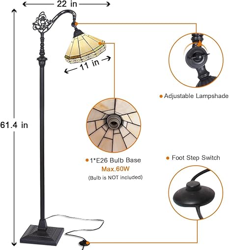 Capulina Capulina Tiffany Lamp Stained Glass Floor Lamp 62 Inches Tall Antique Cream Soft Light Arched Adjustable Angle Tiffany Style Reading Standing Lamp for Living Room Bedroom Home Office photo 2