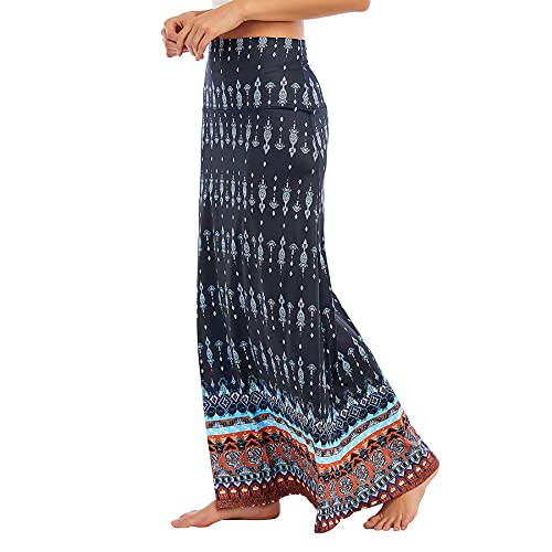 Image of Zando Long Skirts for Women Casual High Waisted Maxi Skirt Trendy Dresses Workout Stretchy Flared Black Skirt for Girls, Blue Orange Floral, Large