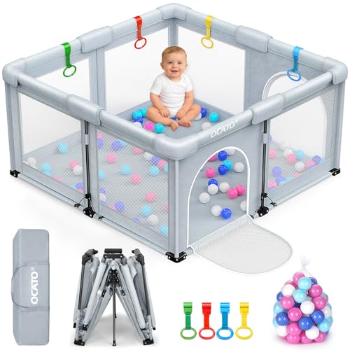 Image of OCATO Baby Playpen: Foldable Playpen for Babies and Toddlers Large Play Pen Portable Playpen Fence Indoor Outdoor Kids Safety Area Travel Play Yard with 1 Storage Bag 4 Handlers 50 Balls (50" × 50")