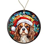 King Charles Cavalier Santa Hat Stained Glass Xmas Ornament - Gift For Dog Lovers - Merry Christmas - Love Pets - Ceramic Ornament Printed on Both Sides