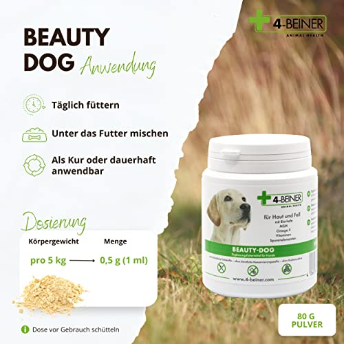 4-BEINER Beauty-Dog: Vitamine für Hunde mit Omega-3, Vitamin B Komplex, Vitamin C, Biotin, Bierhefe Hund, Schwarzkümmelöl, Zink, Jod, Selen für Haut und Fell & zur allgemeinen Stärkung, Pulver
