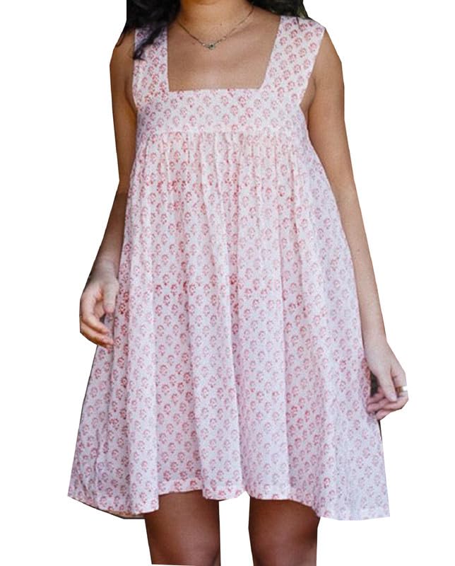 Image of Women Floral Tie Shoulder Mini Dress Cute Square Neck Loose Fit Beach Short Dress Backless Boho Vocation Sundress