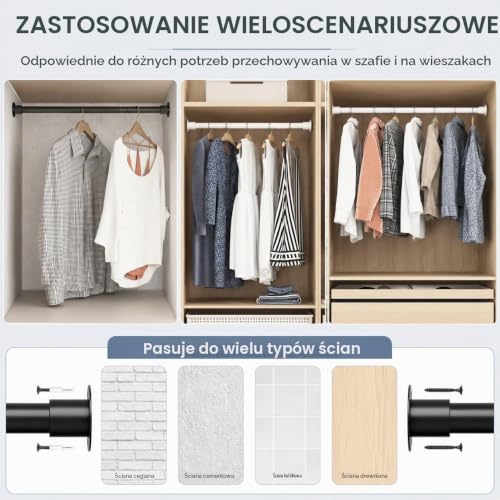 Drążek do szafy, regulowany drążek na ubrania ze śrubami i gniazdami, drążek do zawieszenia do szafy i sypialni, 85-235 cm, średnica 32 mm, czarny
