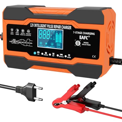 Carregador de bateria de carro 12 A carregador de bateria para carro, totalmente automático, carregador inteligente LCD para carro, moto, corta-relvas ou barco (comprimento do cabo de alimentação 130