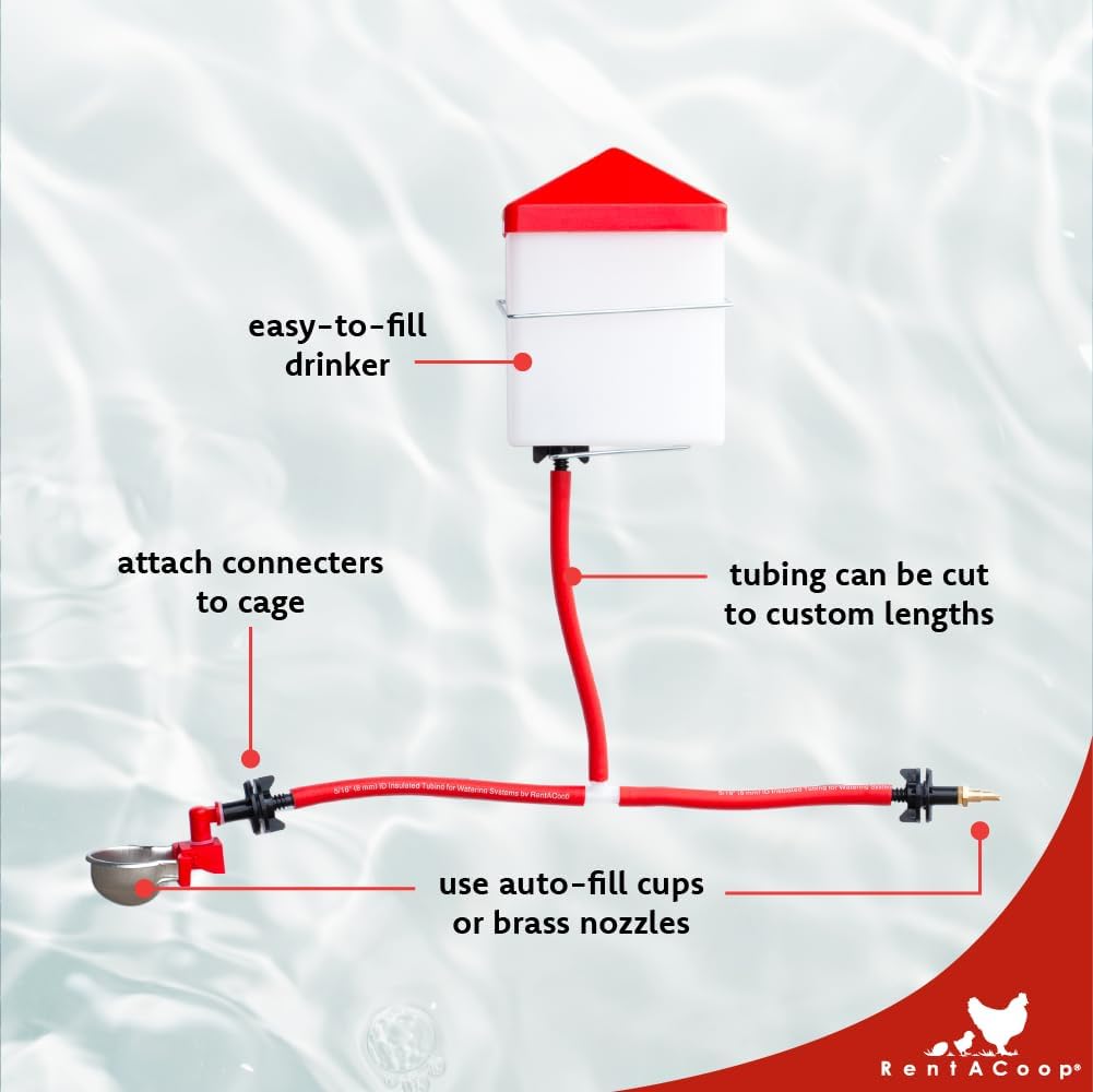 RentACoop DIY Sip Station Watering System Mini Kit; Includes Tubing, Brass Nozzles, Metal Auto-Fill Cups, Tubing Adaptors, T-Connectors, and 64oz Bottle; Great for Rabbits, Guinea Pigs, and More