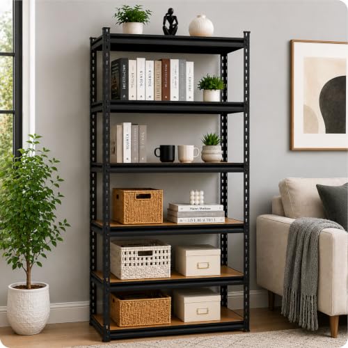 Image of TEKCOOL 6-Shelf Adjustable Boltless Metal Shelving Unit /60 x 24 x 12 Inch Metal Storage Rack with Wooden Planks /Standing Shelf Unit for Home /Garage /Office & Shop /Utility Display Rack (Black);