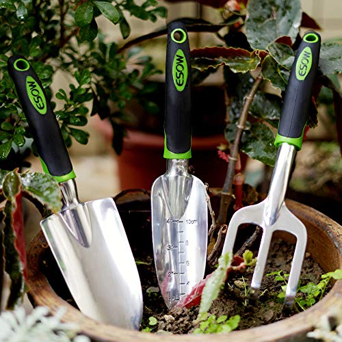 ESOW Garden Tool Set, 3 Piece Cast-Aluminum Heavy Duty Gardening Kit Includes Hand Trowel, Transplant Trowel and Cultivator Hand Rake with Soft Rubberized Non-Slip Ergonomic Handle, Garden Gifts