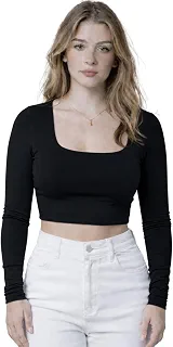 Cropped Manga Comprida Blusa de Frio Duas Camadas Suplex Gola U Decote Quadrado