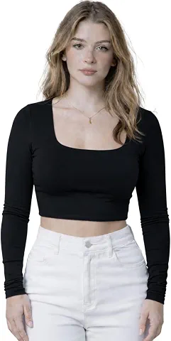 Cropped Manga Comprida Blusa de Frio Duas Camadas Suplex Gola U Decote Quadrado