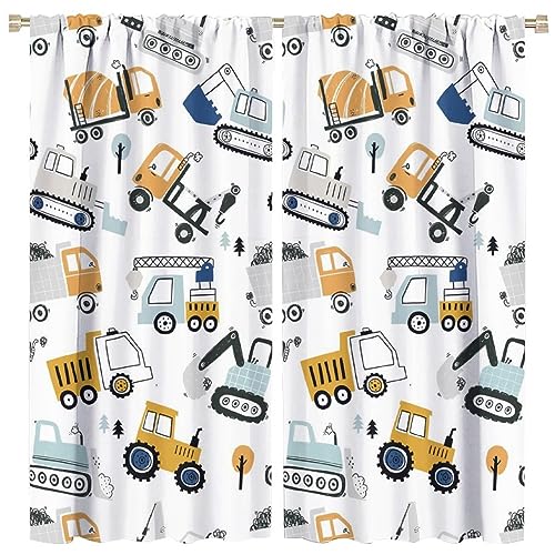 Image of Cartoon Truck Excavator Curtains - Boys Room Decor Construction Equipment Truck Car Window Curtain Room Darkening Blackout Curtains Thermal Insulated Rod Pocket Curtains 2 Panels 84"L x 42"W