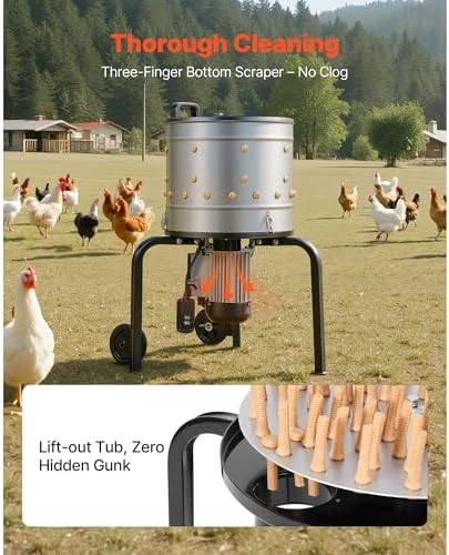 Uargd Electric Poultry Plucker Machine, 15.7-inch Drum, 550W Motor & 275RPM Speed, Equipped with 114 Soft Rubber Fingers & Portable Wheels, Stainless Steel Design for Cleaning 1-2 Birds at a Time - 4