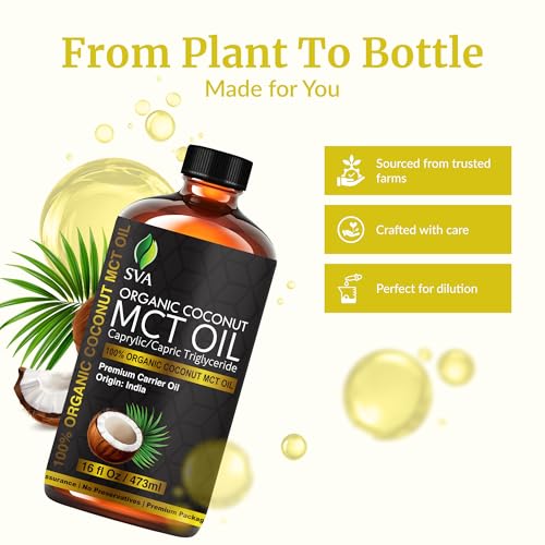 Image of SVA Organic MCT Carrier Oil, Huge Bottle, Large Size, 16 Oz (473 ml) | Organic MCT Oil for Skin Care, Face Care, Hair Care, Body Massage, Scalp Massage, Blending, Dilution & DIY Beauty Blends
