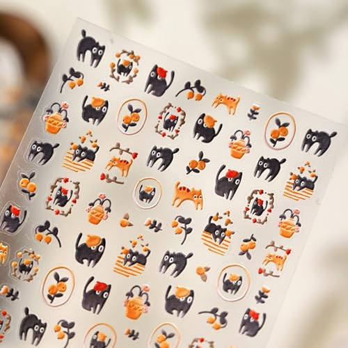 Image of 5D Embossed Cat Nail Stickers Cartoon Nail Decals Orange Black Self Adhesive Design DIY Manicure Charms Supply Decoration for Women