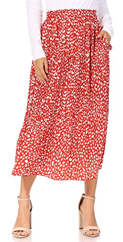 Printed Red Leopard Womens Midi Skirts with Pockets, Pleated Bohemian