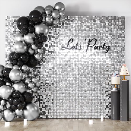 Image of COKAOBE Silver Shimmer Wall Backdrop, 36PCS Square Sequin Shimmer Backdrop Panel, Photo Backdrops for Birthday, Anniversary, Wedding, Graduation & Bachelorette Party Decoration