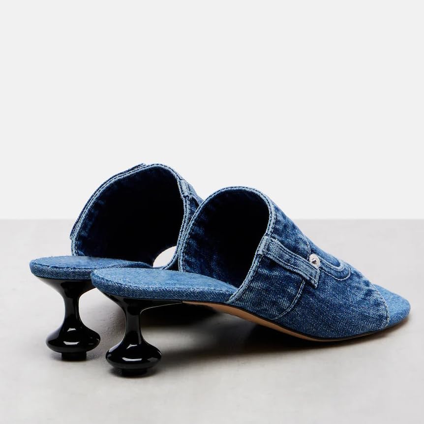 Women's Square Toe Mules Denim Kitten Heel Slides Comfortable Summer Sandals Casual Dressy Slippers For Party Wedding Office3