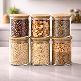 Kit 6 Potes Herméticos Vidro 300ml Tampa de Bambu Premium Porta Temperos Mantimentos Organização Cozinha