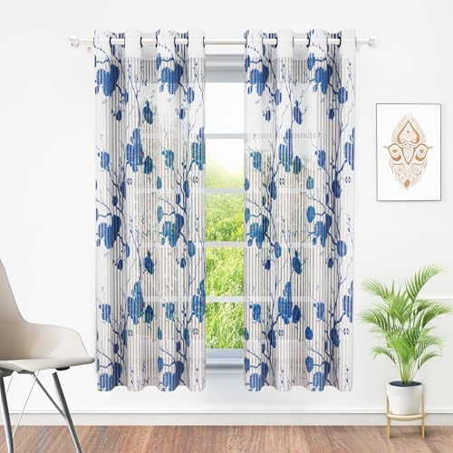 Image of Window Curtains 5 Feet Set of 10 | Floral Design Transparent Sheer Curtain | Blue & White Polyester Window Curtain | Curtains for Living Room | 118 x 152 cm | Perfect for Home Decor