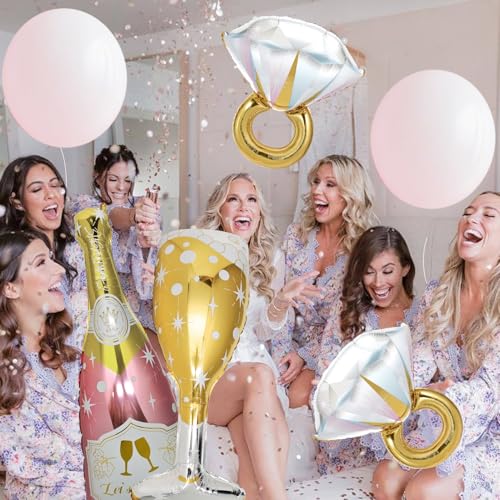 4 Pcs Bachelorette Balloons, Huge Rose Gold Champagne Bottle Diamond Ring Goblet Aluminum Foil Balloons for Bachelorette Party, Bridal Shower, Wedding, Engagement Party Decorations Supplies by BSRESIN - Used condition - Image 3