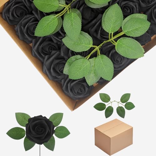 YEHLIABO Black 200Pcs Artificial Flowers Real Looking Foam Fake Roses, Rose Artificial Wedding Flowers Combo for Wedding Bouquets Centerpieces Flower Arrangements Decorations (Black, 200)