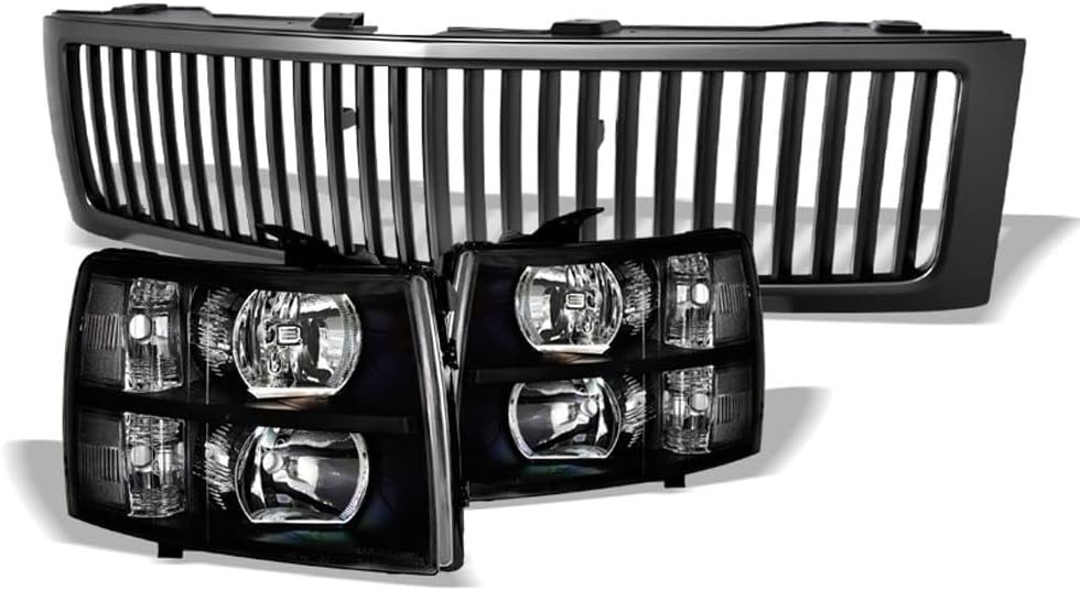 Black Clear Housing Crystal Headlights Signal Lamps nb + Matte Black Vertical Front Hood Bumper Grill Grille Guard ABS Compatible With 07-13 Chevy Silverado 1500