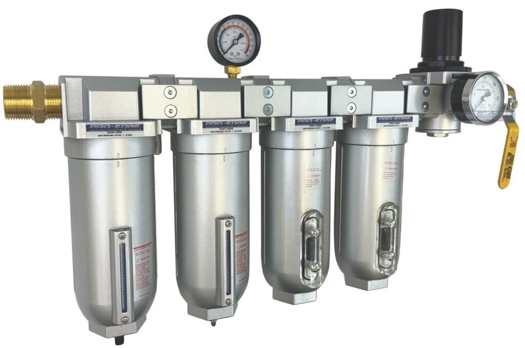 1" NPT Industrial (3-Stage) Moisture Removing Particulate Filter Water Separator and Oil, Moisture Vapor Removing Coalescing Filter and Air Pressure Regulator