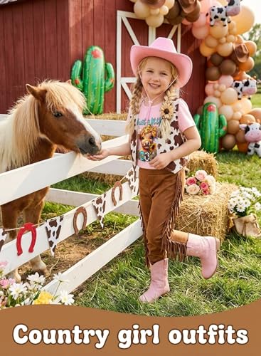 Image of Girls Western Cow T-Shirts - Cute Cowgirl Outfits for Kids Short Sleeve Shirts Funny Tops Rodeo Graphic Summer Tee