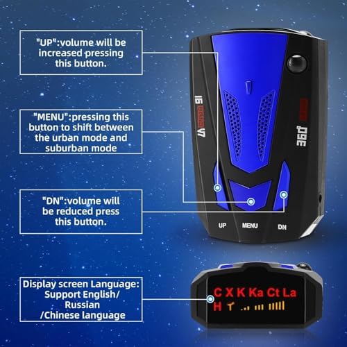 Radar Detector for Cars, 1000M Long Range 360 Degree Laser Speed Camera Detector, Supports CT K KA LA 16-Band, City/Highway Mode, LED Display & Voice Alert, Plug and Play - 3